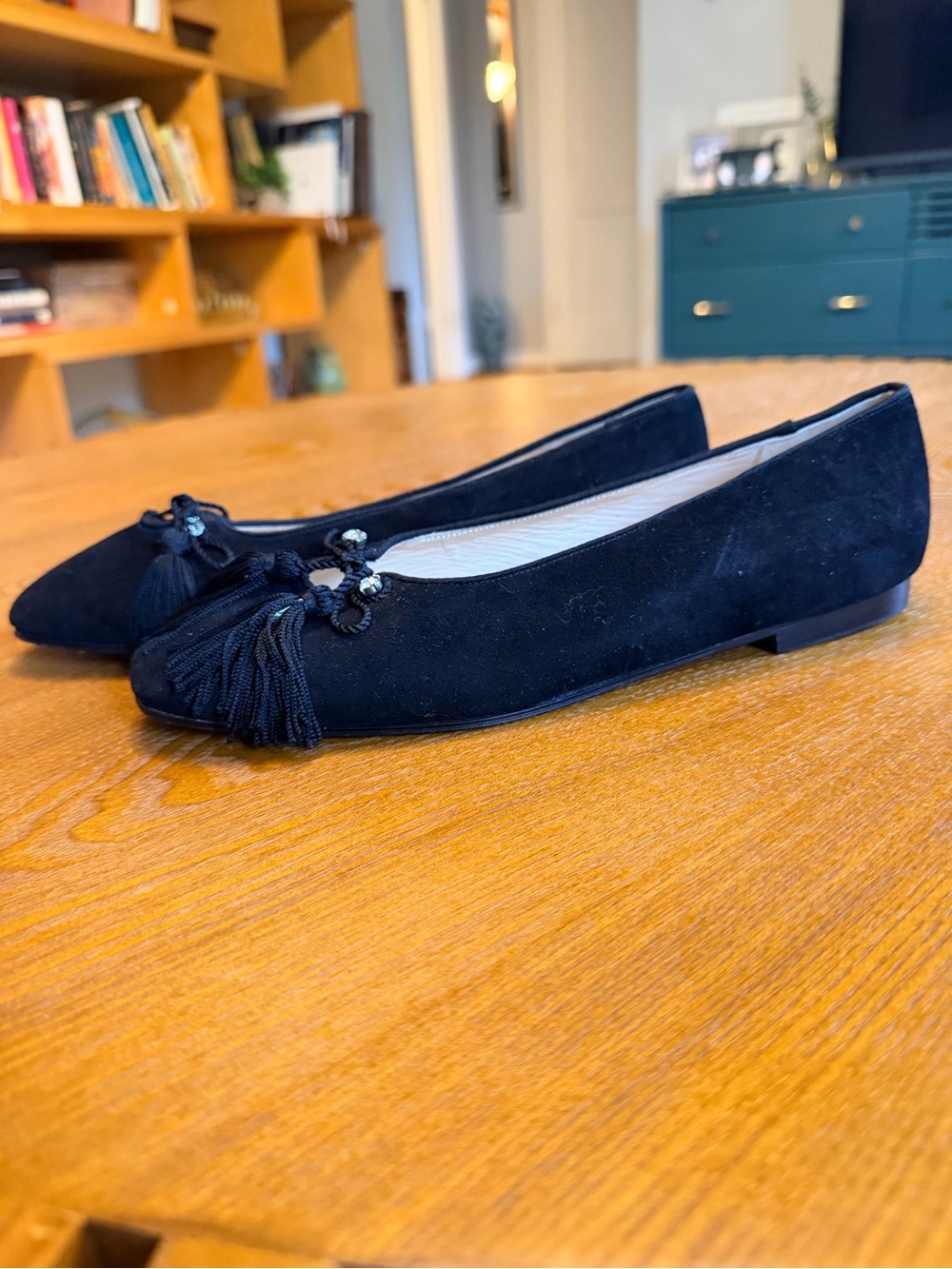 Joan & David Black Suede Tassel Pointed Ballet Flats